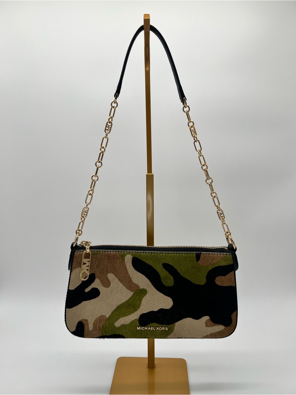 Michael Kors Camo Calf Hair Shoulder Bag with Gold Chain Pouchette